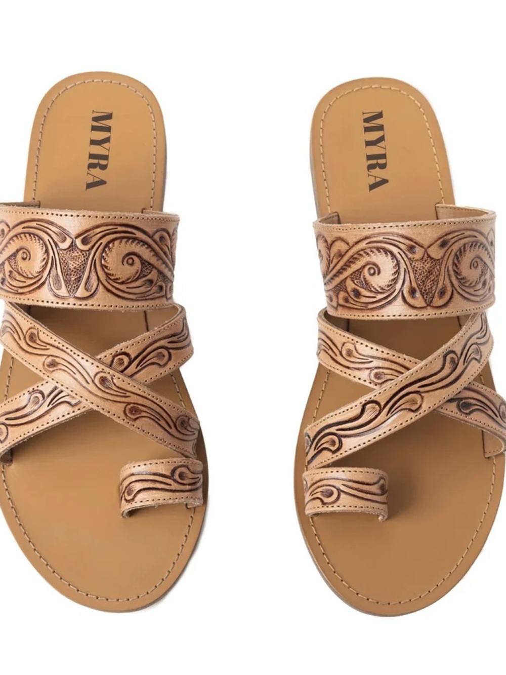 Tan Genuine Tooled Leather Slide Sandals - Picture 7 of 8